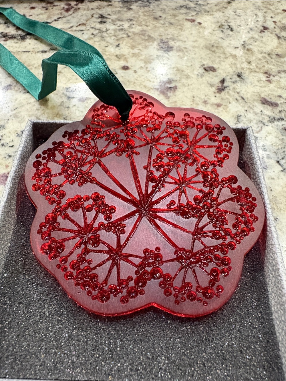 Rare Lalique Red Crystal Umbel Holiday Ornament with Green Ribbon